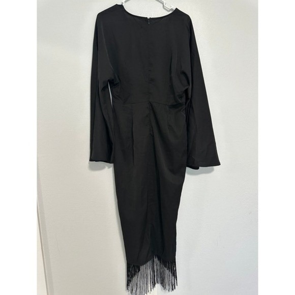 Boohoo Black Satin Long Sleeve Fringe Wrap Maxi Dress UK 14 US 10 - Picture 6 of 12